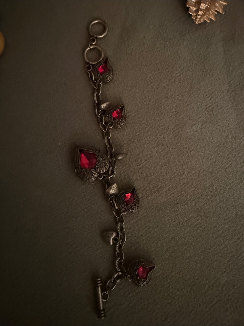 Vintage-Style Women's Silver Bracelet with Red Gem  heart charms .